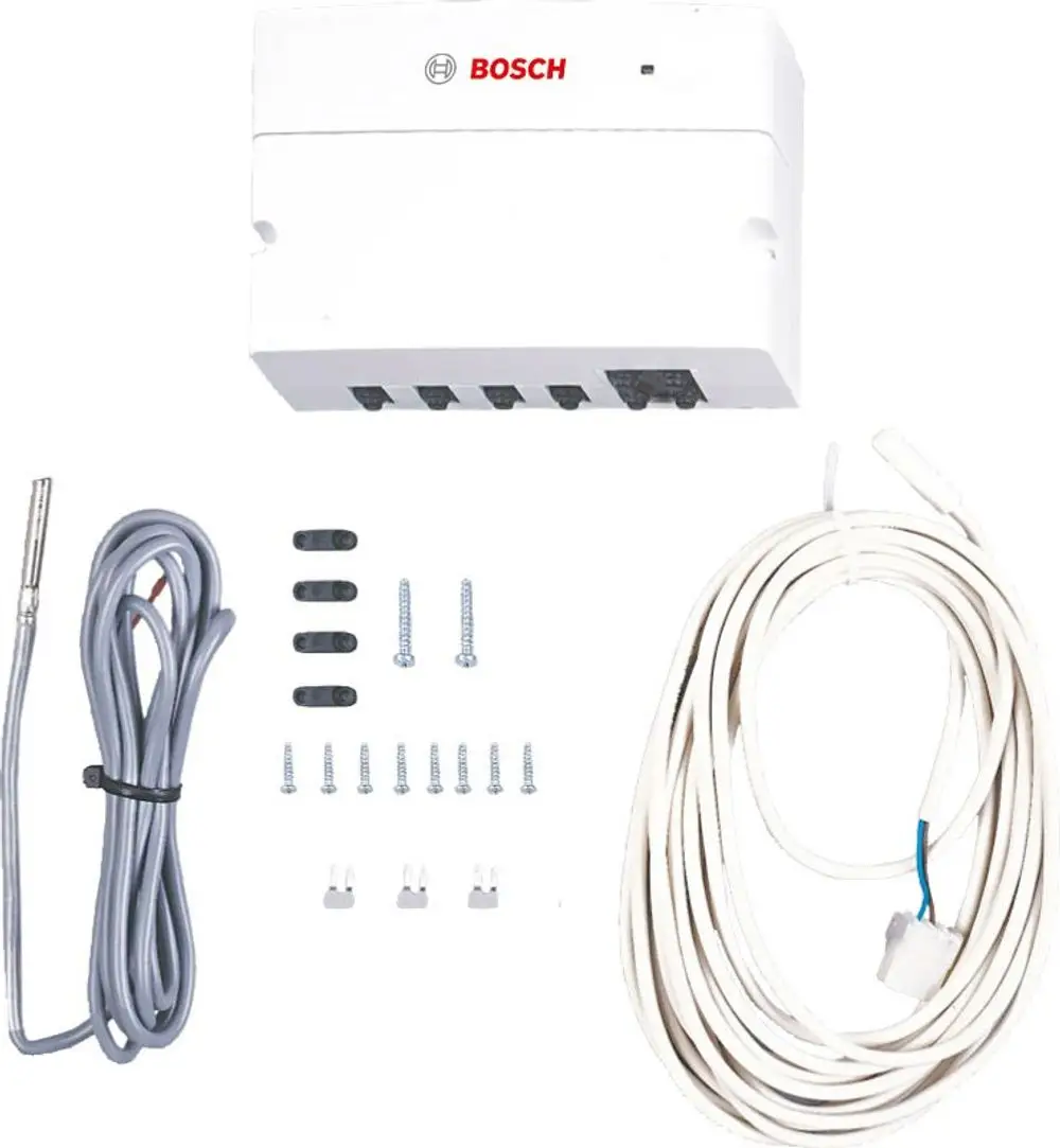 Bosch Modul mit verschiedenen Anschlüssen, Temperatursensor, Kabel, Verbindungselementen und Schrauben für die Installation.